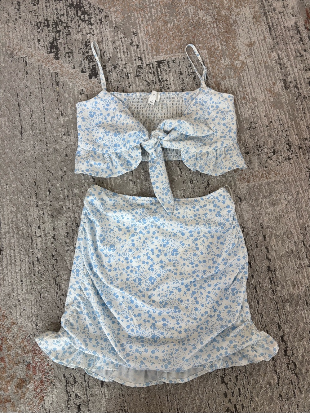 Mabel at Anthropologie Floral Tie-Front Crop Top & Skirt Set - Light Blue
